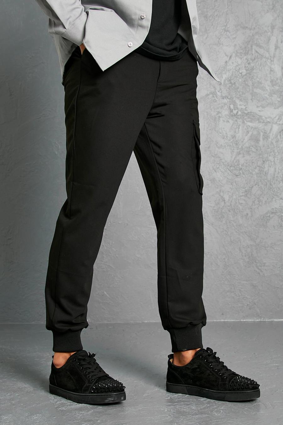 Black Tapered Cargo 4 Way Stretch Tailored Trouser image number 1