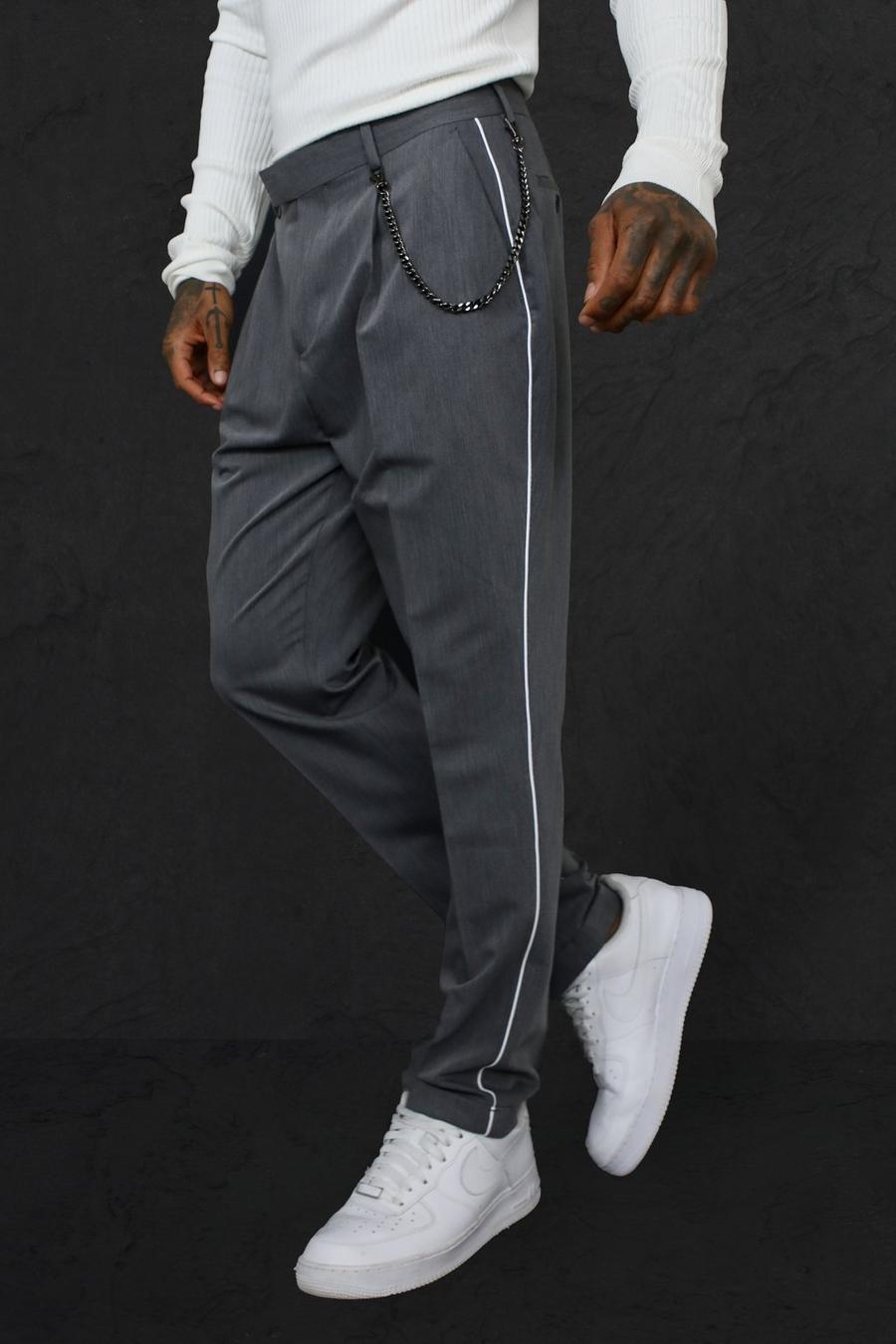 Grey Tapered Piped Chain Tailored Trouser image number 1