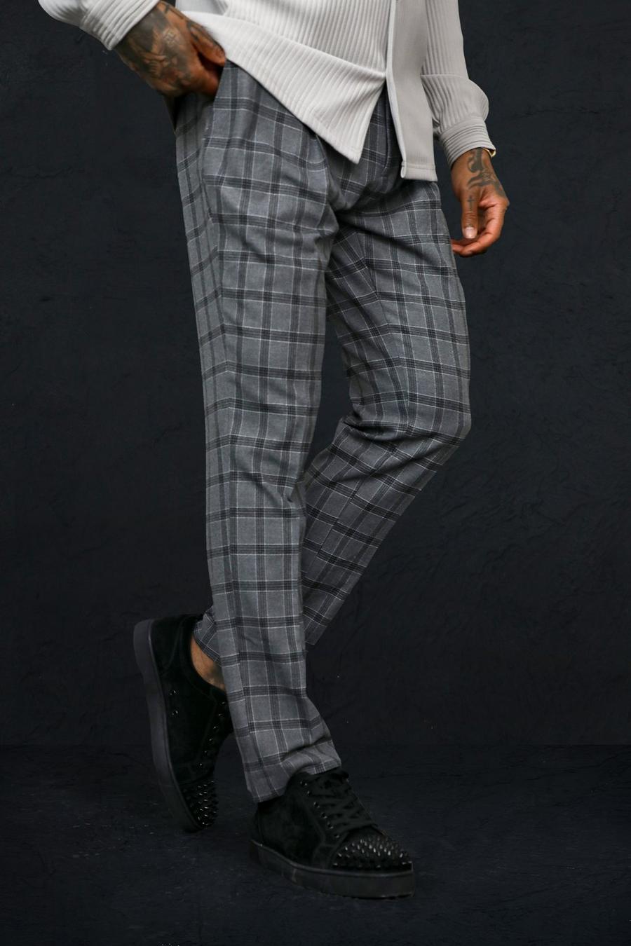 Grey Slim Double Waistband Check Tailored Trouser image number 1
