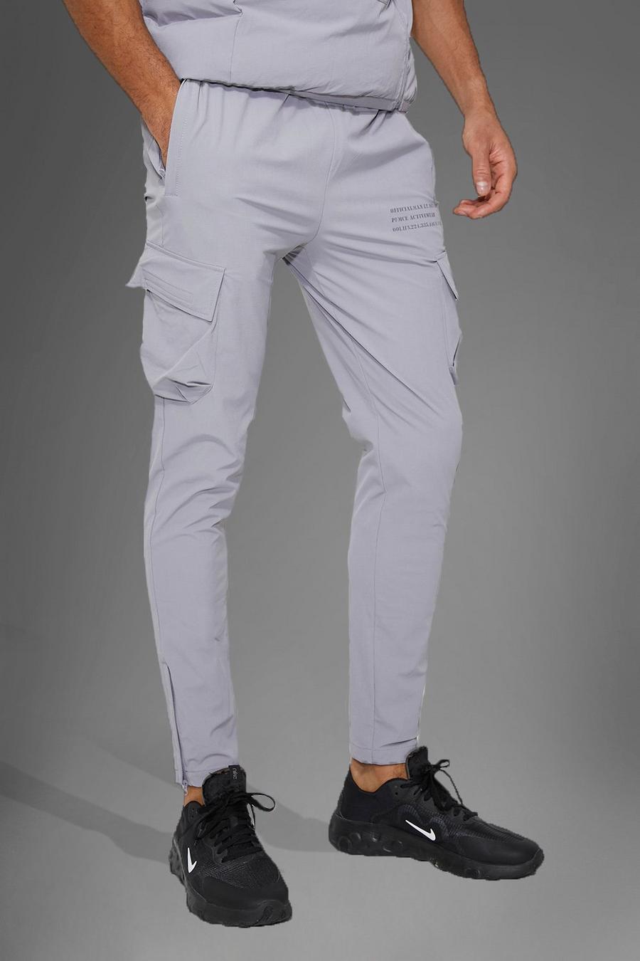 Pantaloni tuta Man Active Gym tecnici stile Cargo, Light grey gris