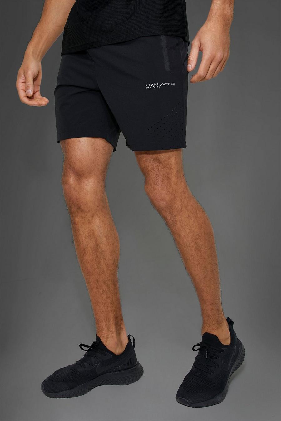 Black schwarz Man Active Nylon Fitness Shorts Met Gaatjes