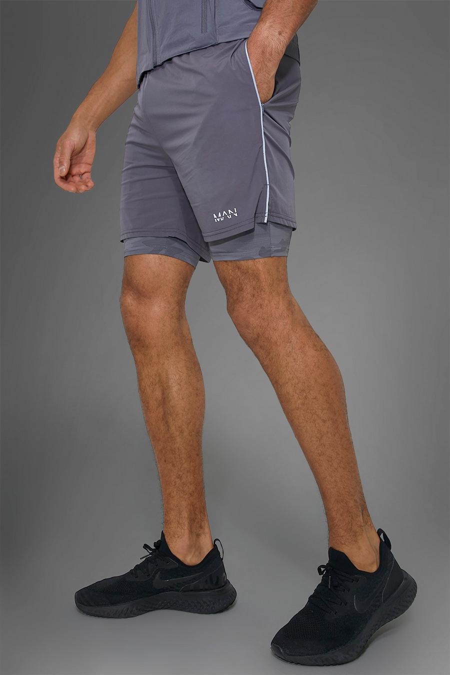 Charcoal grey Man Active Gym Nylon 2 In 1 Camo Under Short