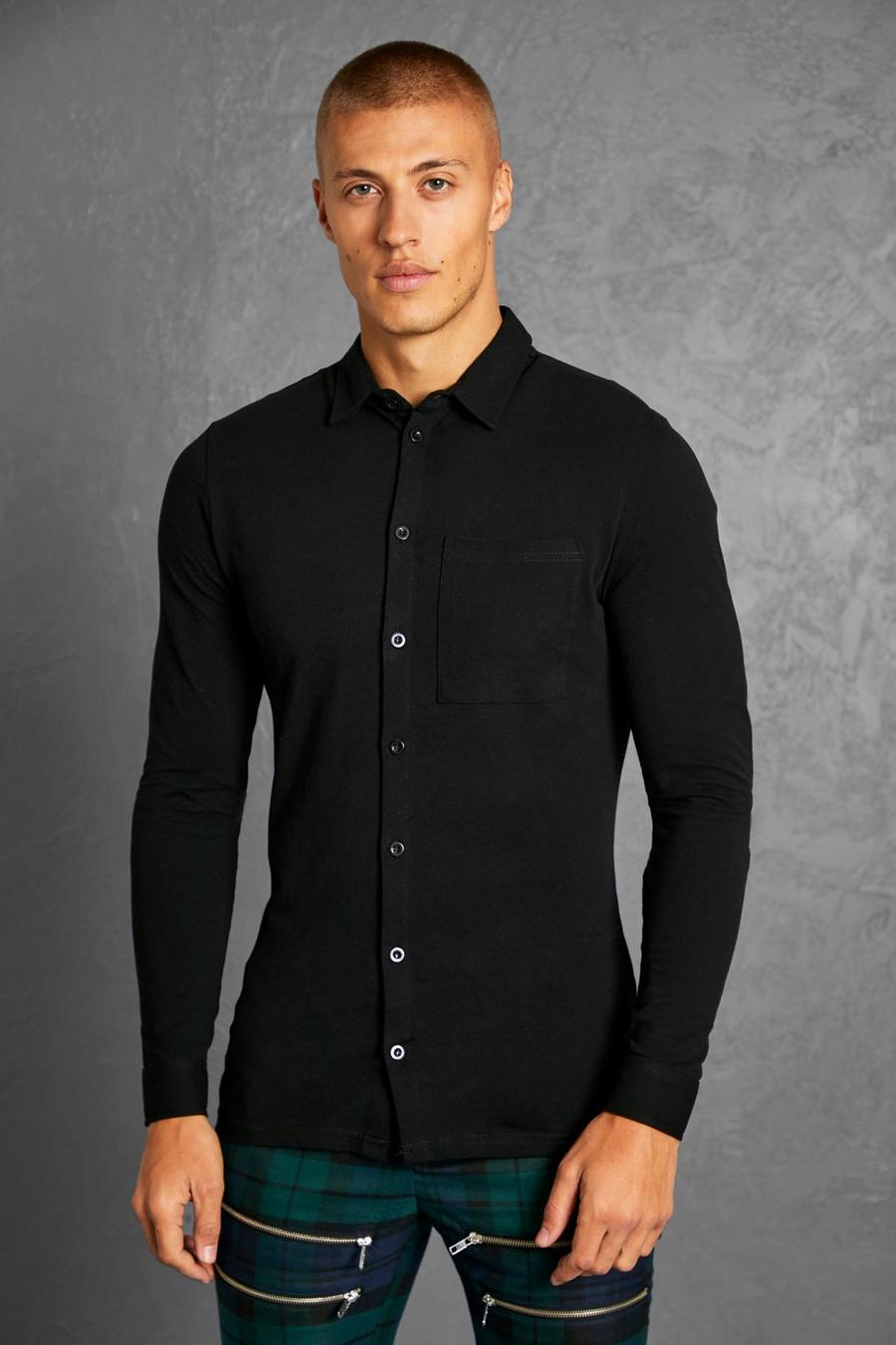 Black Långärmad skjorta i pikétyg och muscle fit image number 1