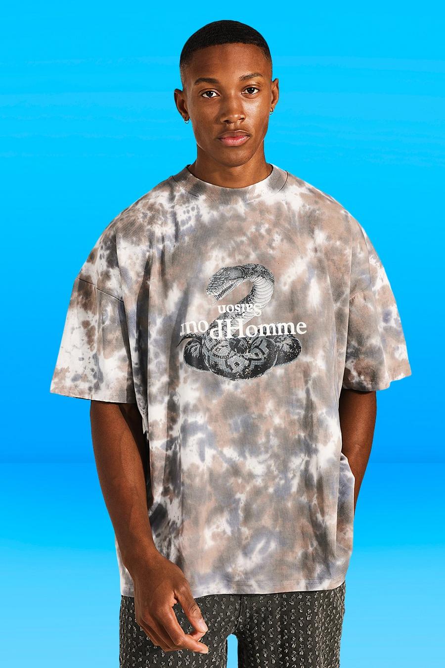 Charcoal Oversized Homme Snake Print Tie Dye T-shirt image number 1