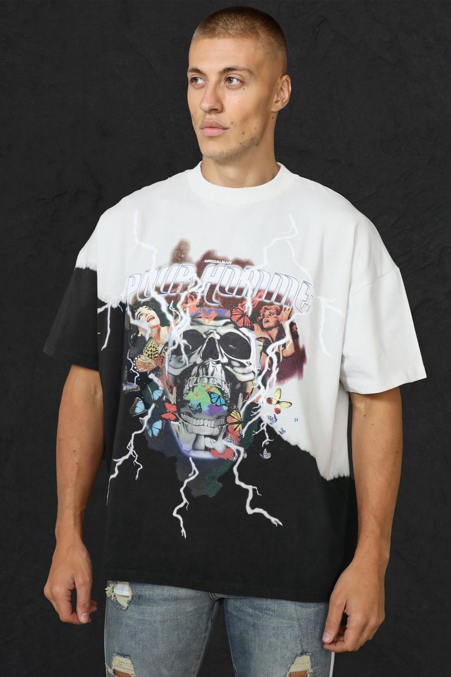 Black Oversized Homme Skull Graphic Bleached Tshirt