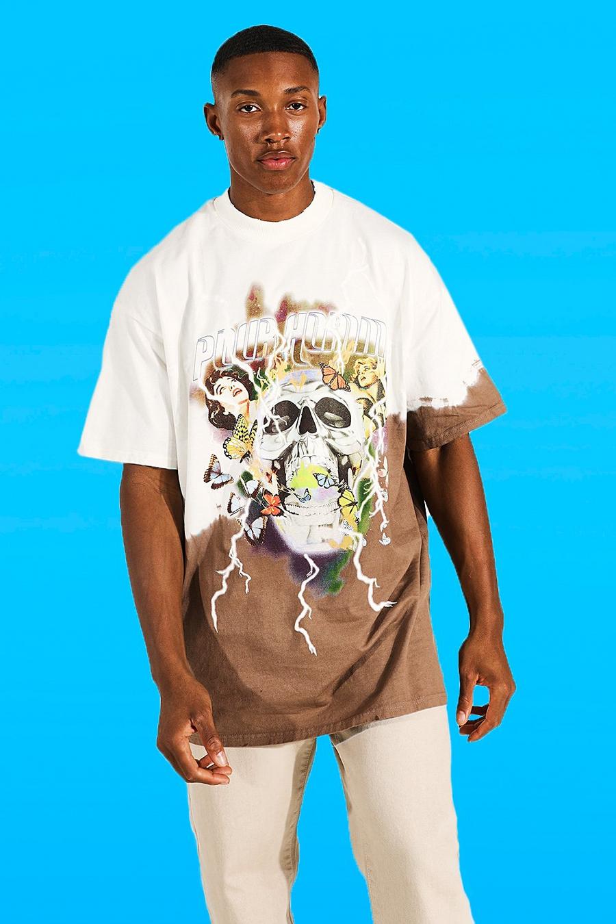 T-shirt oversize Homme candeggiata con grafica di teschio, Brown image number 1