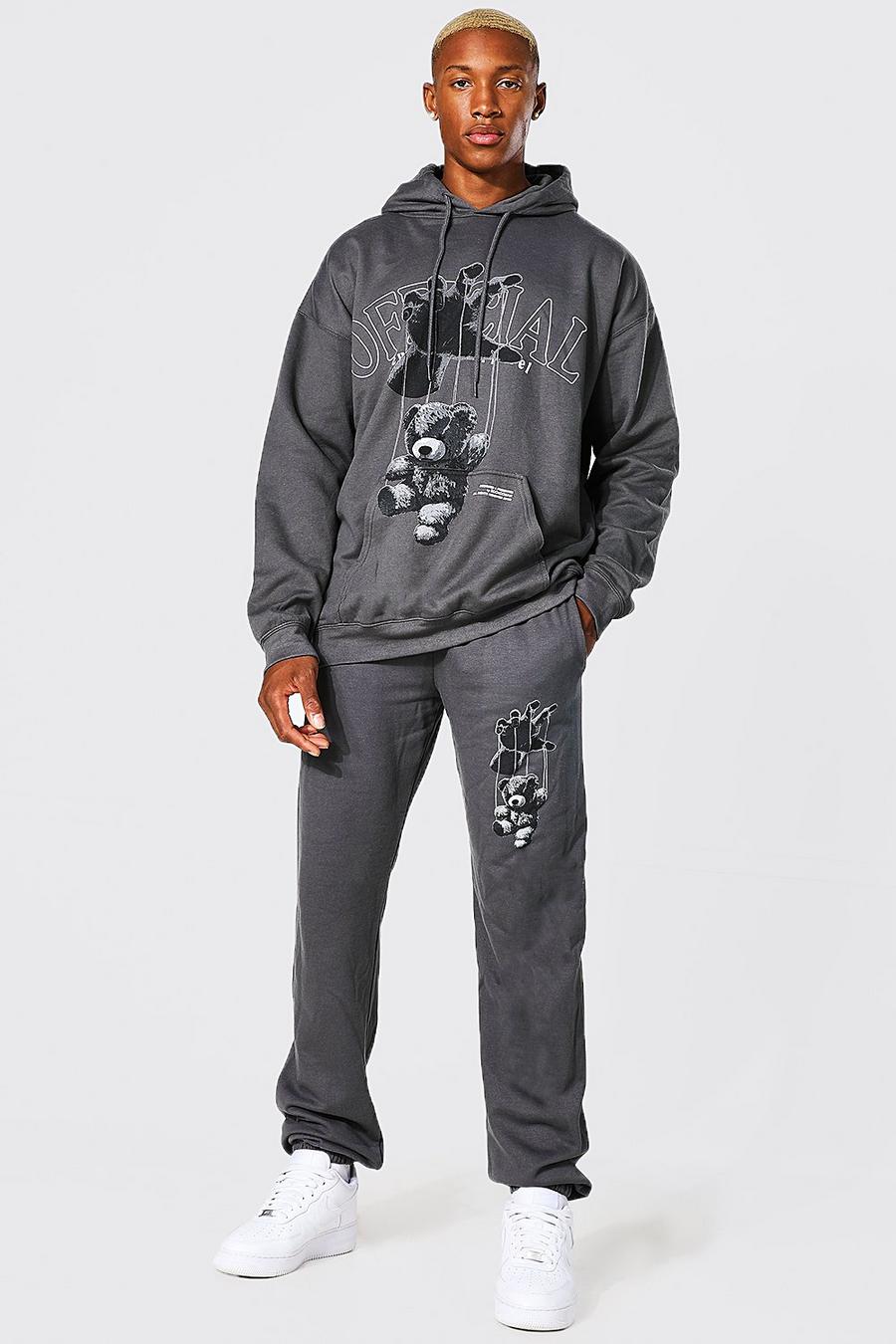 Oversize Official Trainingsanzug mit Kapuze und Teddy-Print, Charcoal image number 1
