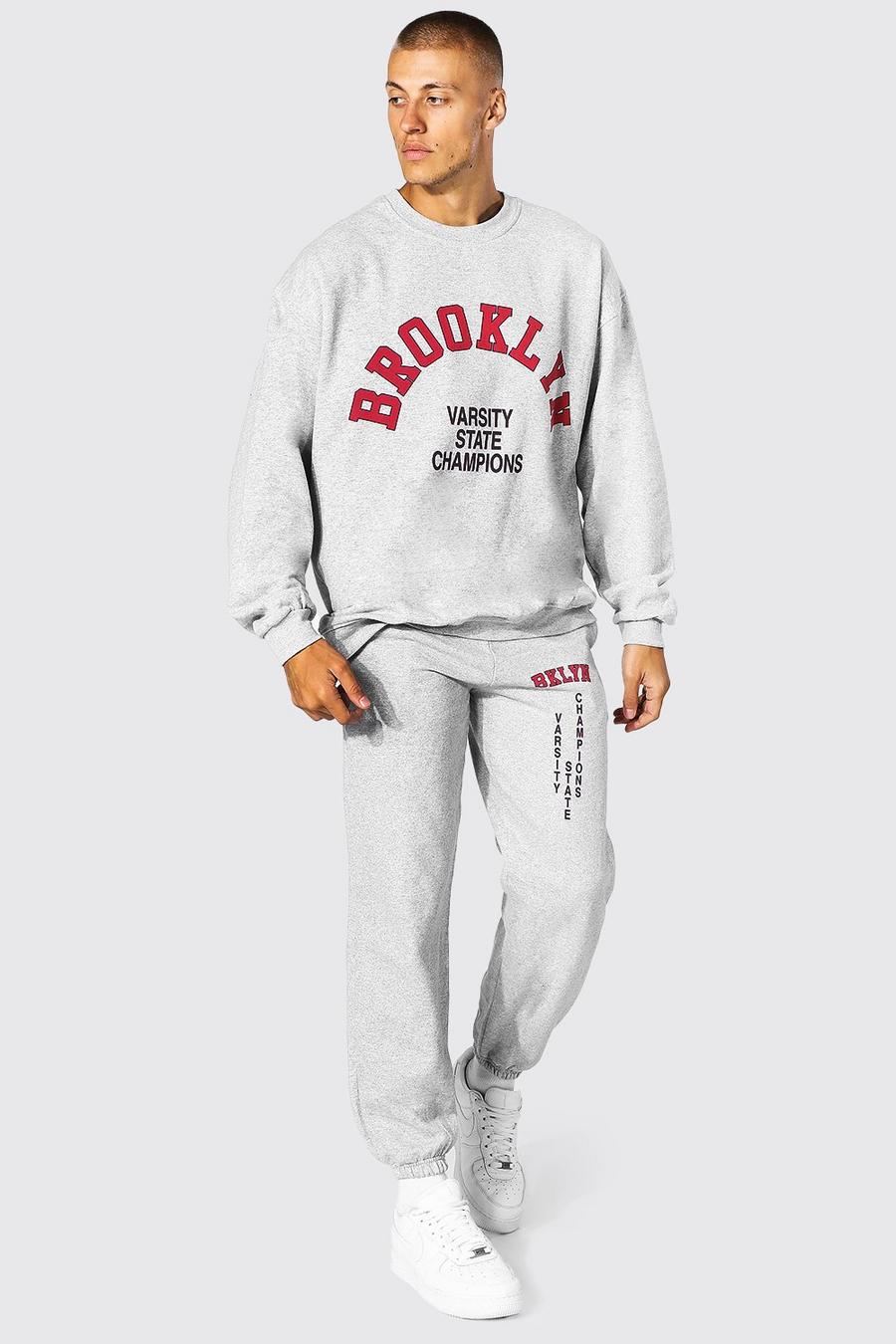 Grey marl Brooklyn Oversize träningsoverall med sweatshirt image number 1