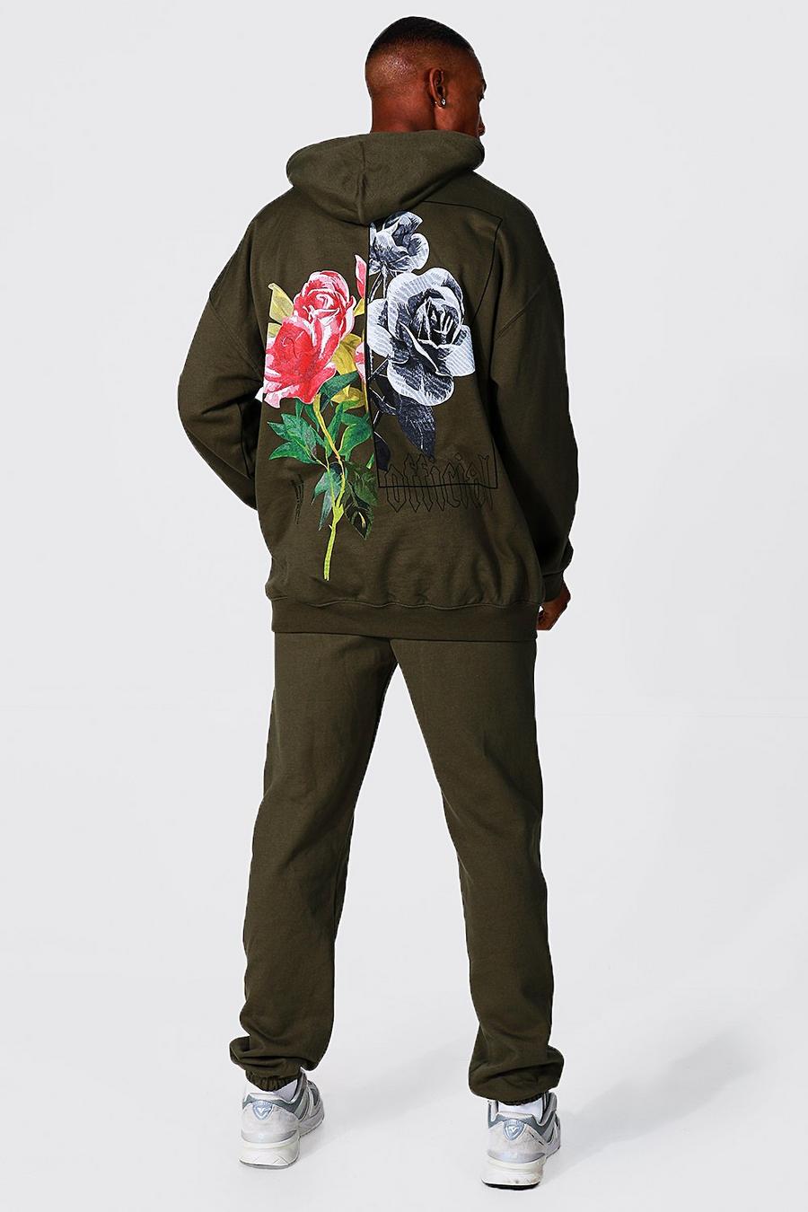 Oversize Trainingsanzug mit floralem Print und Kapuze, Khaki image number 1