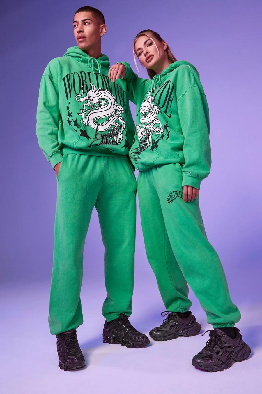 Gefärbter Oversize Trainingsanzug mit Drachen-Print, Green image number 1