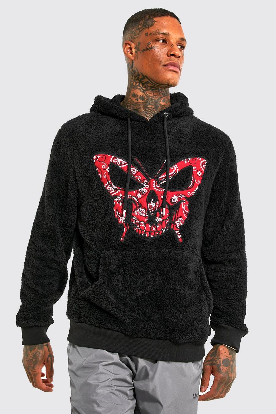 Black Butterfly Skull Patch Borg Hoodie image number 1