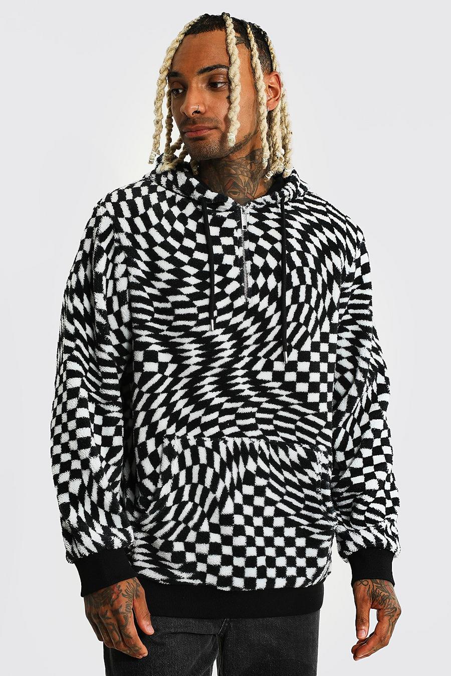 Black Checkerboard Print Borg 1/2 Zip Hoodie image number 1