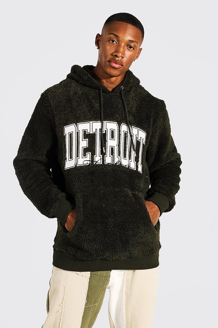 Sudadera con capucha y apliques de borreguito universitaria con estampado Detroit, Khaki image number 1