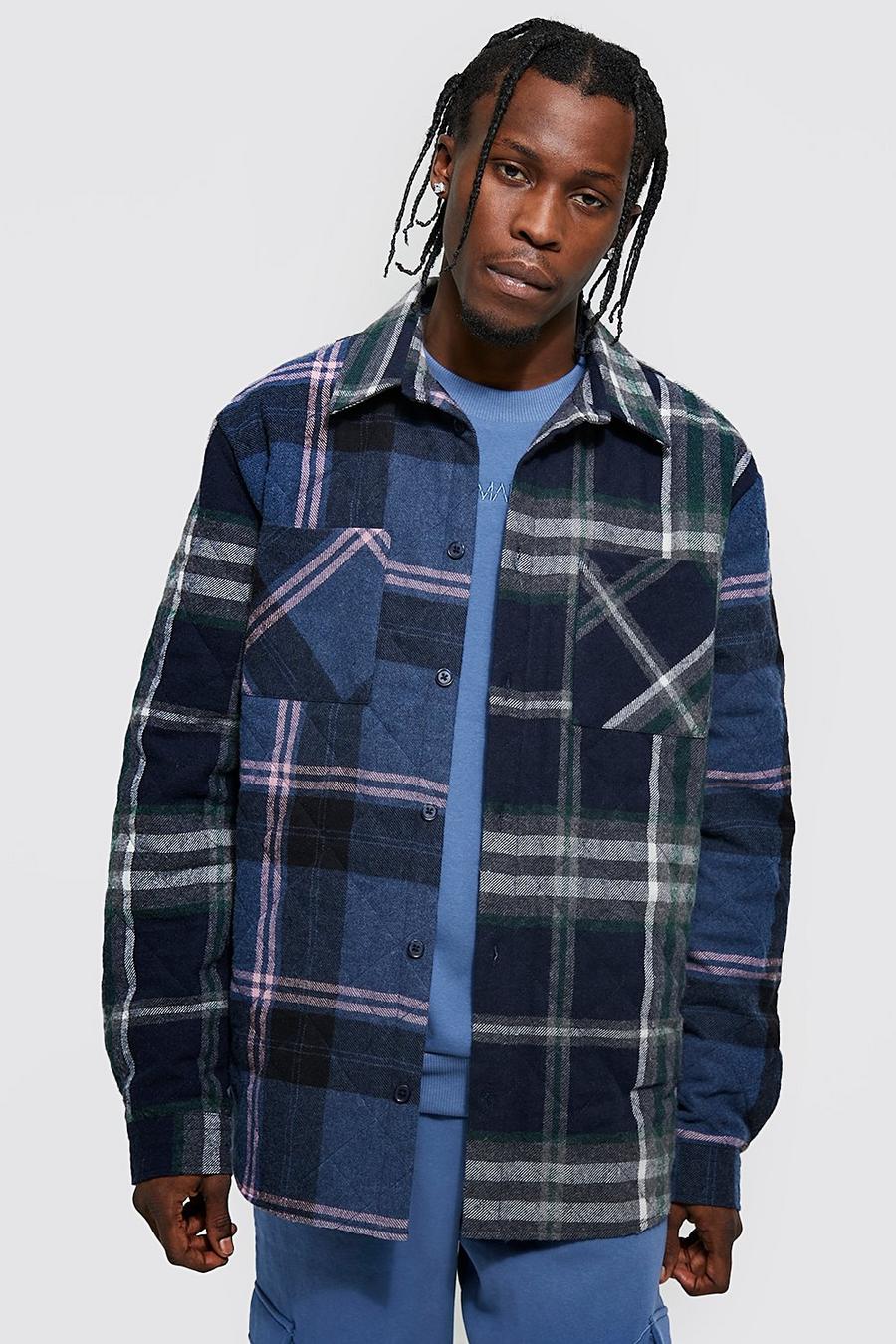 Navy Quilted Check Spliced Overshirt