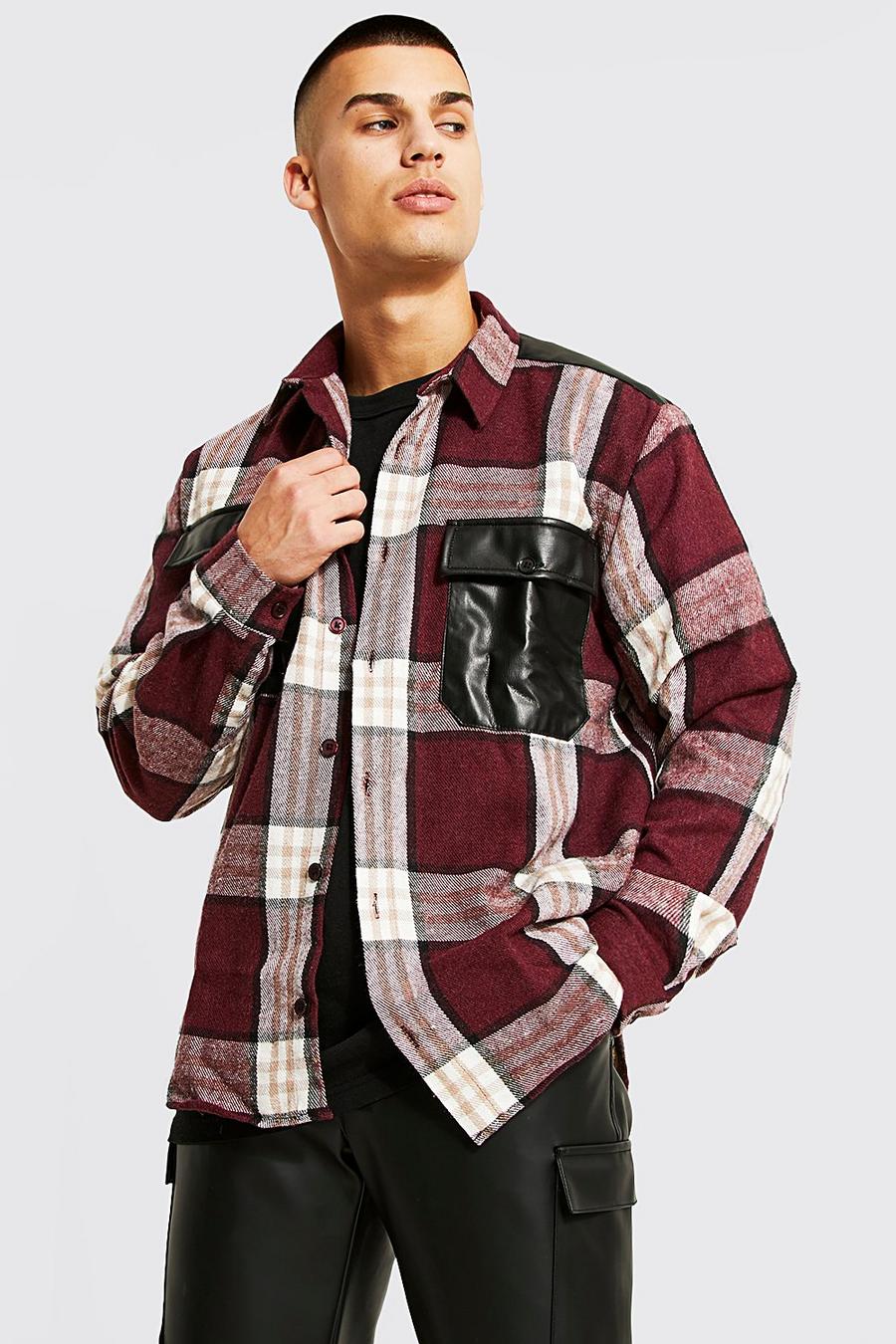Camisa oversize gruesa de cuadros con bolsillos de cuero sintético, Burgundy image number 1