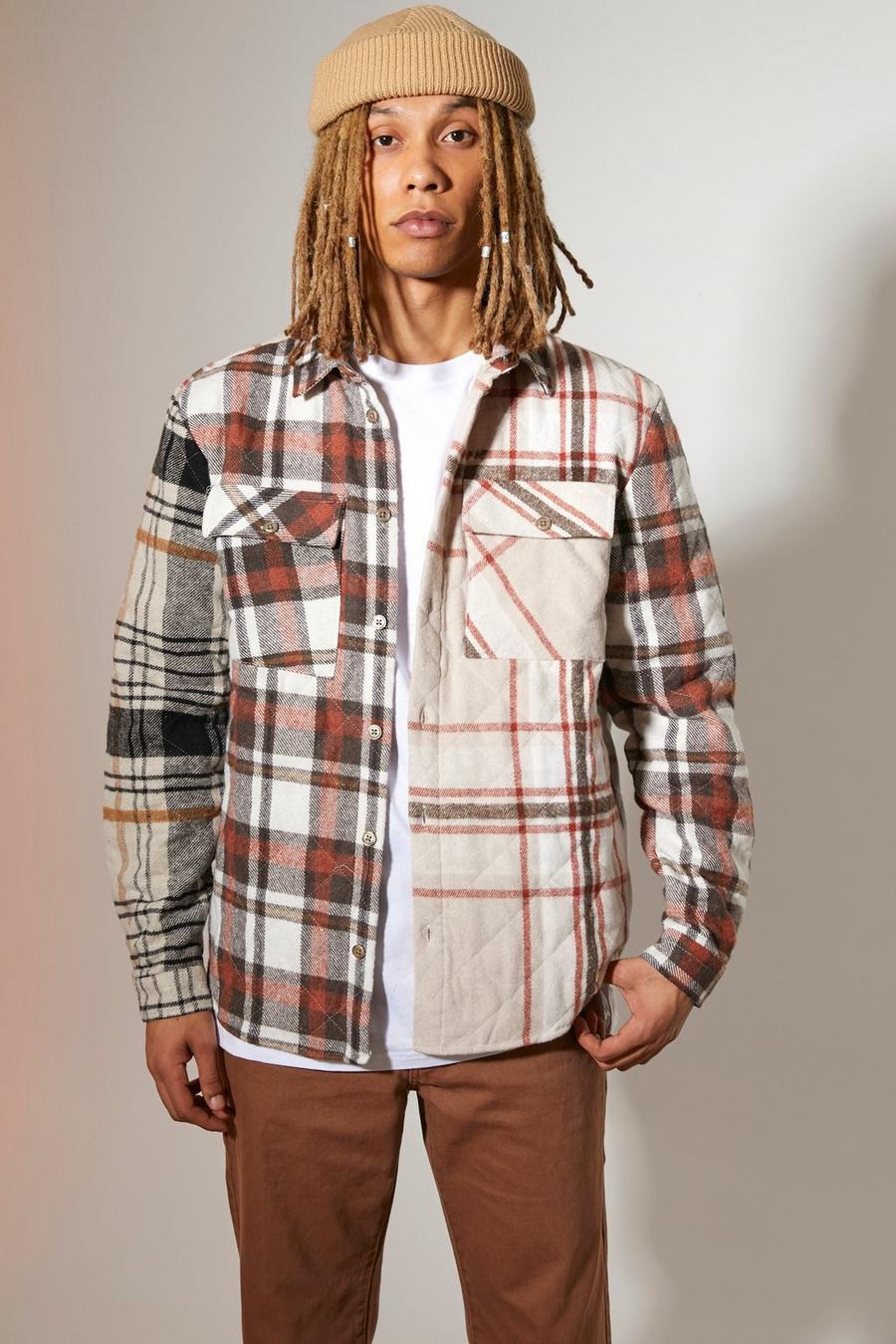 Beige Quilted Check Spliced Overshirt image number 1