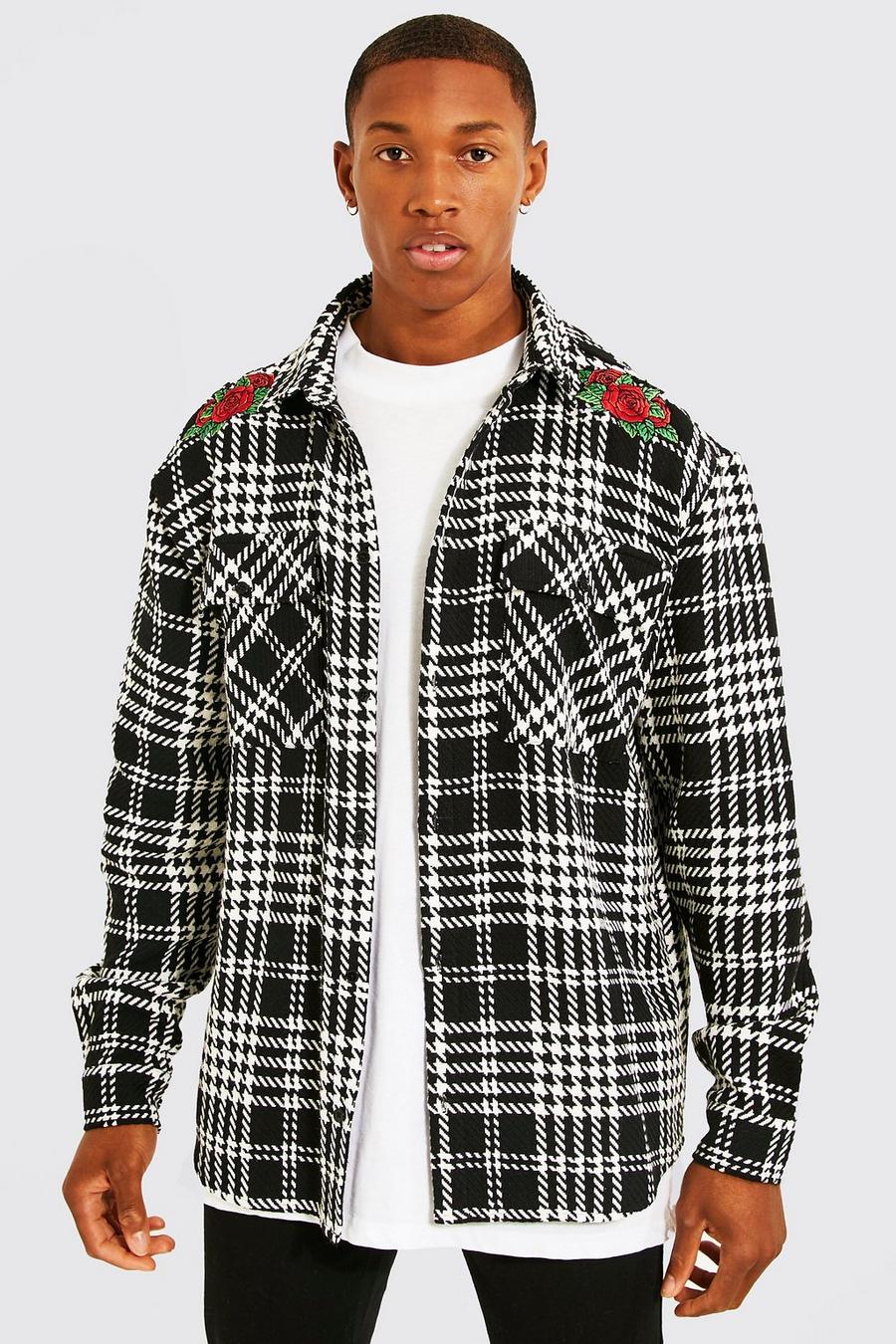 Black Oversized Check Shirt With Rose Embroidery image number 1