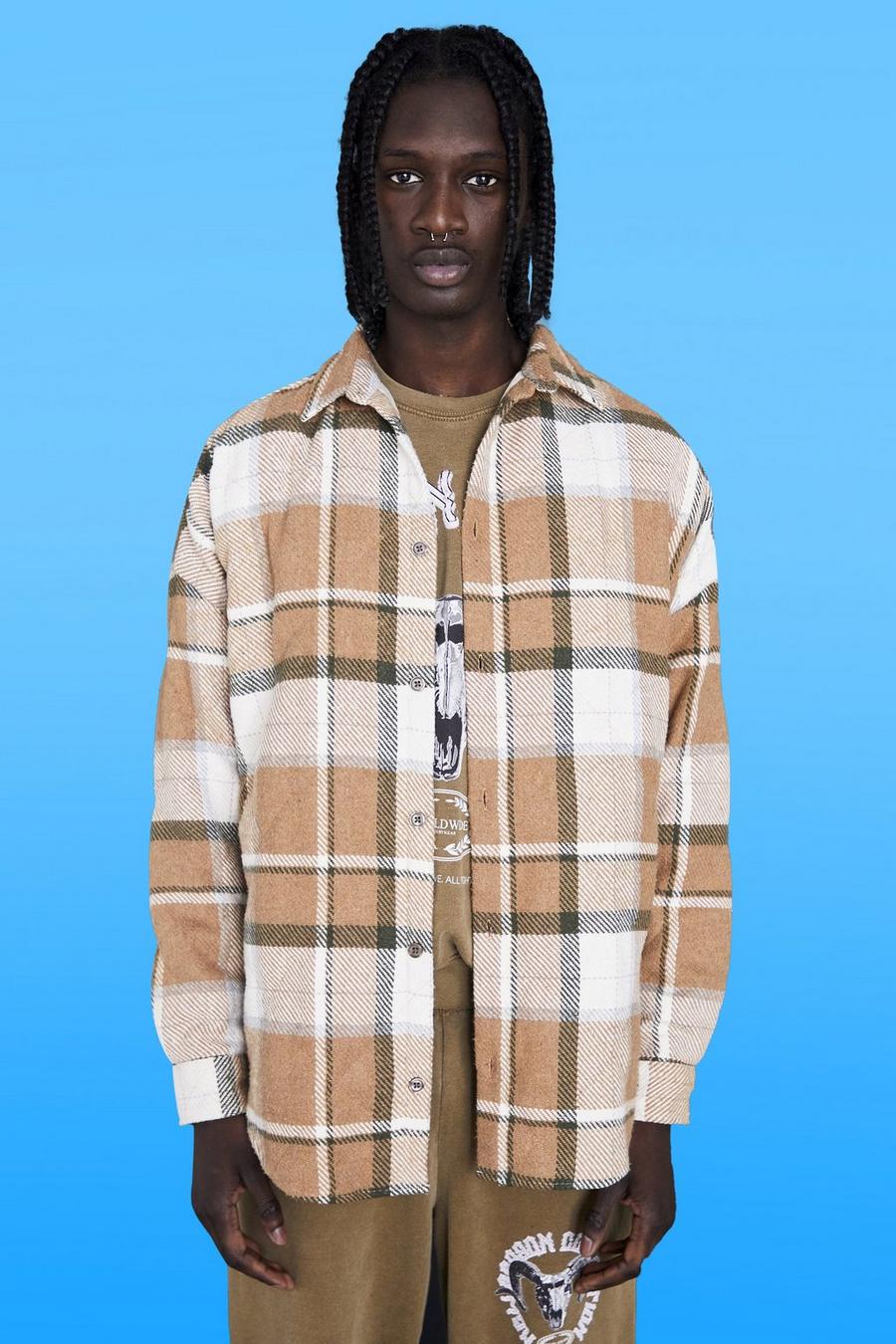 Brown Oversized Quilted Check Curved Hem Overshirt image number 1
