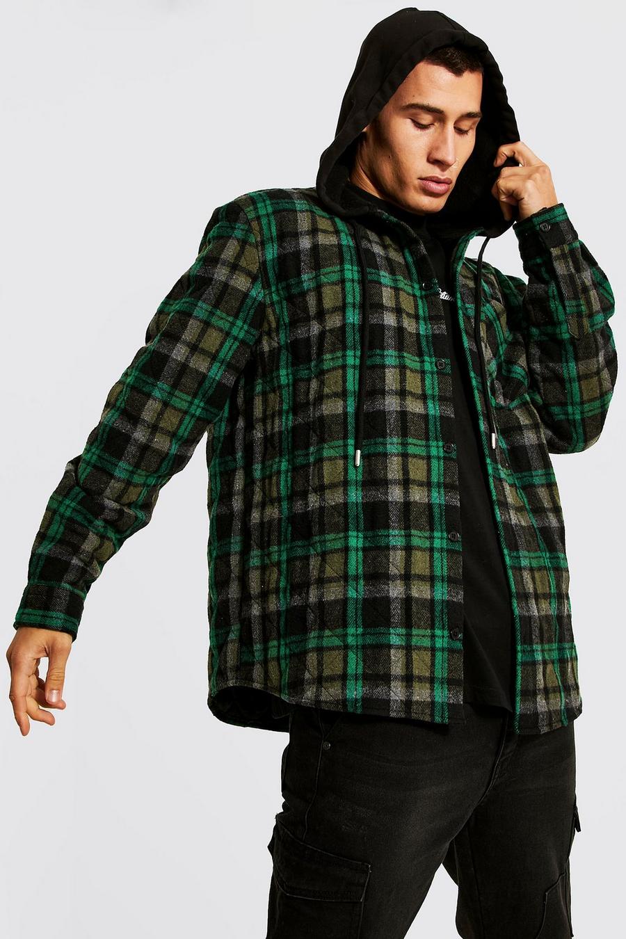 Green Quilted Check Overshirt With Hood image number 1
