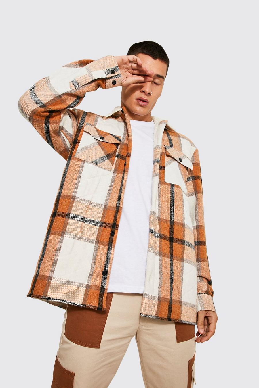Brown Quilted Borg Lined Check Overshirt image number 1