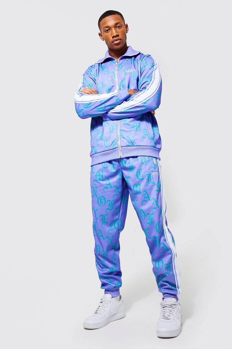 Purple Man Printed Tricot Zip Funnel Neck Tracksuit image number 1