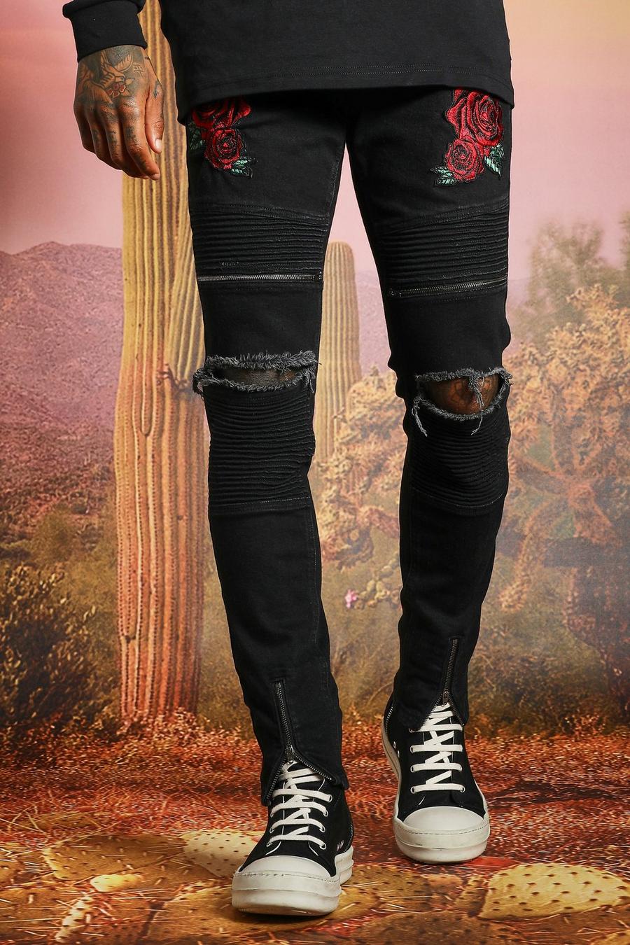 שחור ג'ינס אופנוענים סקיני נמתח עם הדפס ושרשרת image number 1