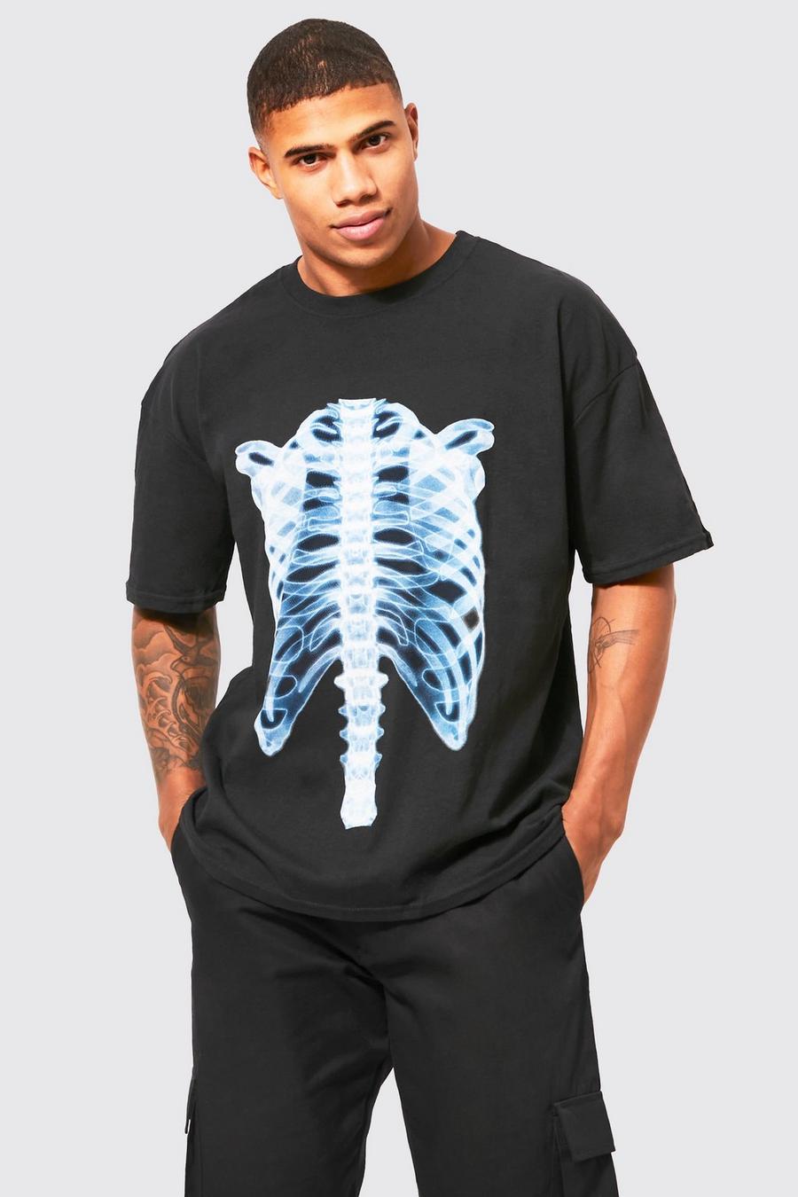 Black Oversized Halloween Skeleton X-ray T-shirt image number 1