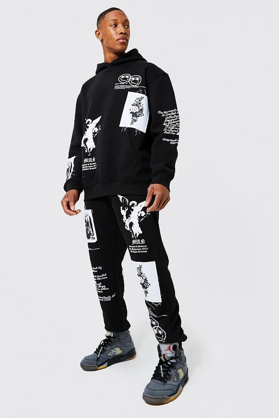 Black Oversized Multi Graphic Hooded Tracksuit image number 1