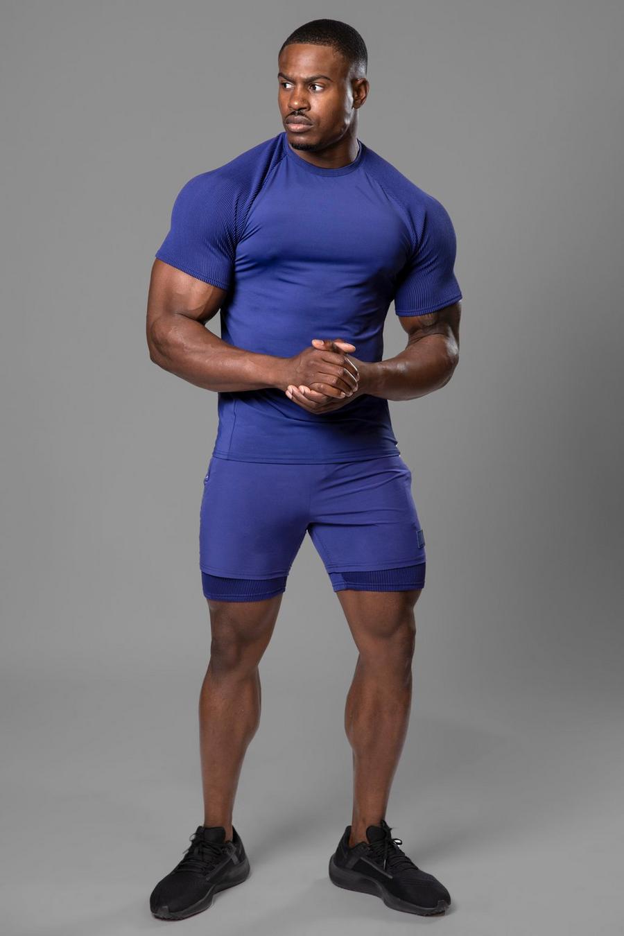 Navy marineblau Man Active Gym Ribbed Sleeve T-Shirt