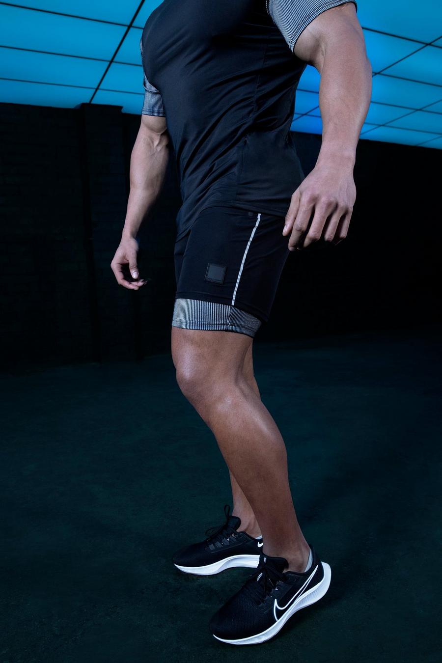 Black noir Man Active Gym Ribbed 2-In-1 Shorts