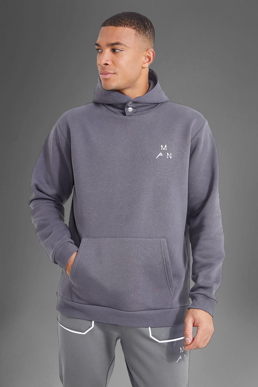 Charcoal gris Man Active Gym Popper Button Hoodie