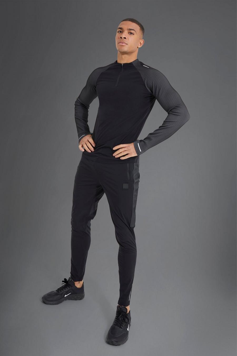 Black Active Gym Ribbed 1/4 Zip Muscle Fit Tracksuit image number 1