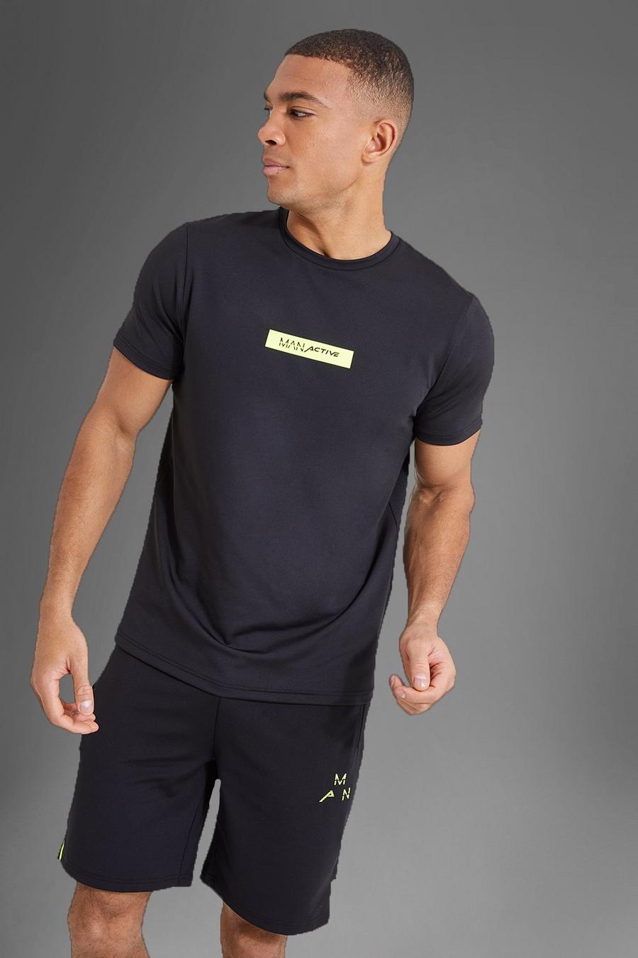 T-shirt Man Active Gym con riquadro e logo in colori fluo, Black nero