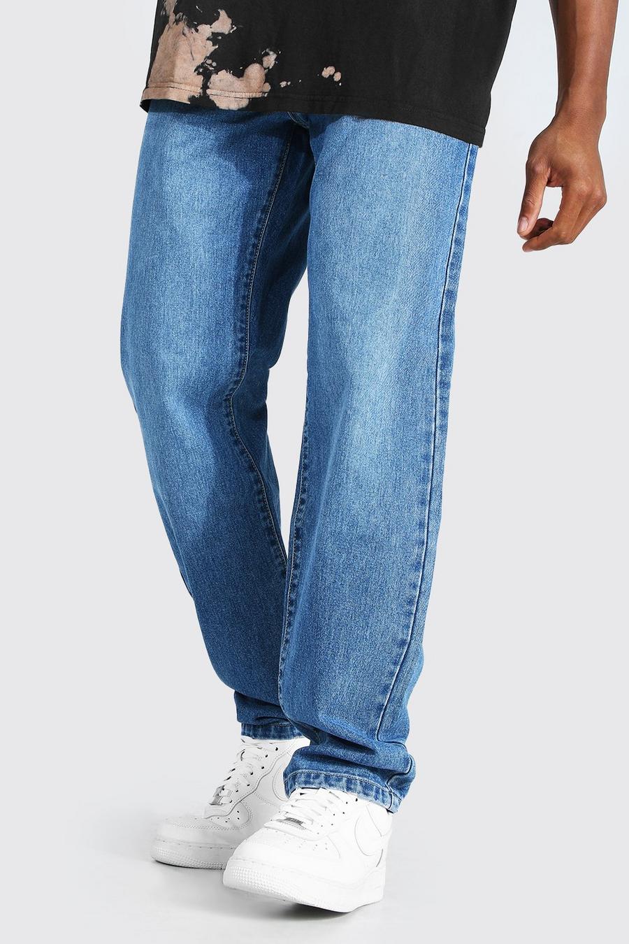 כחול ביניים ג'ינס קשיח בגזרה משוחררת