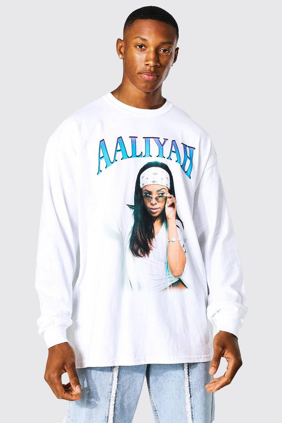 T-shirt oversize à manches longues à imprimé Aaliyah, White image number 1