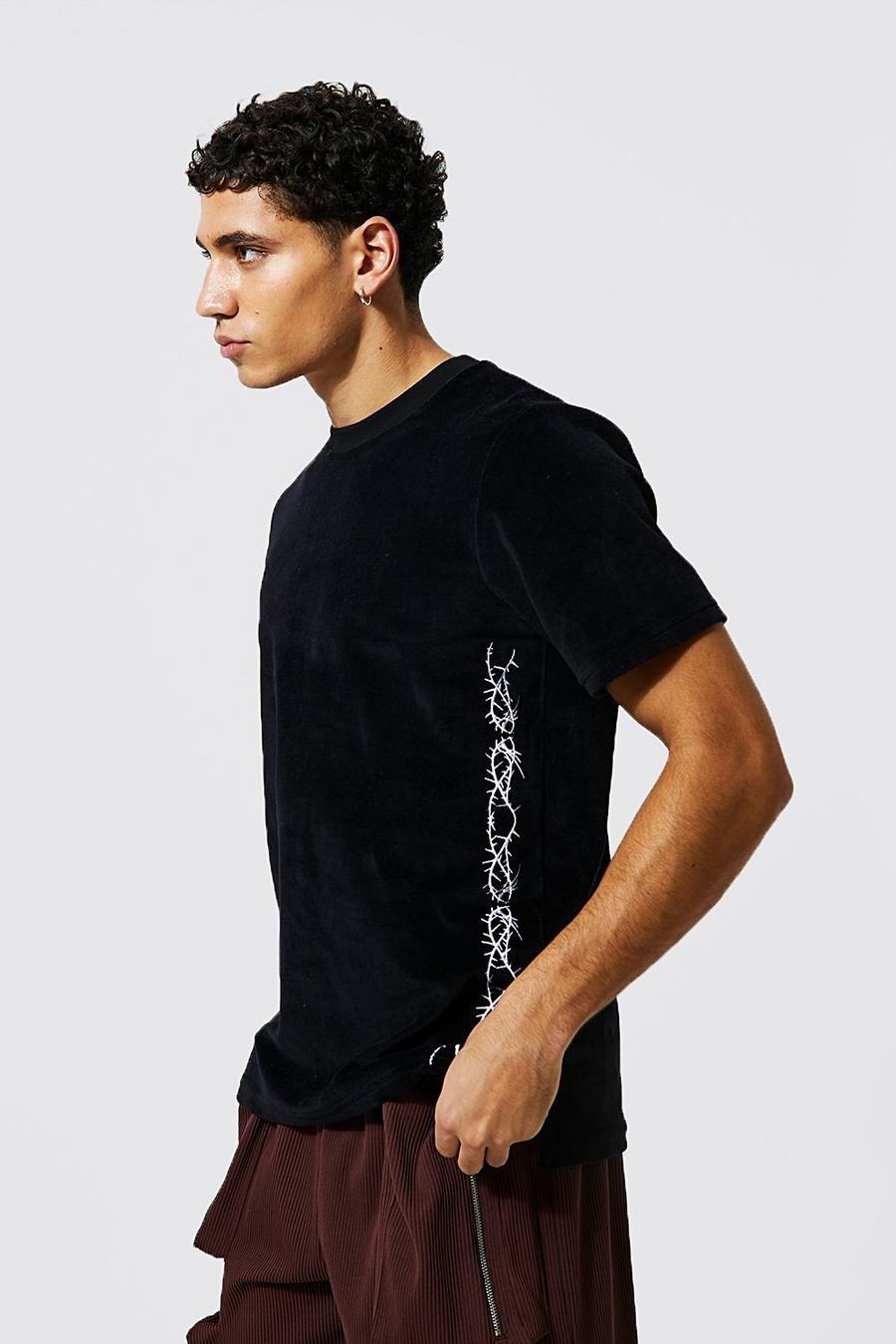 Black Geborduurd Velours Slim Fit Prikkeldraad T-Shirt image number 1