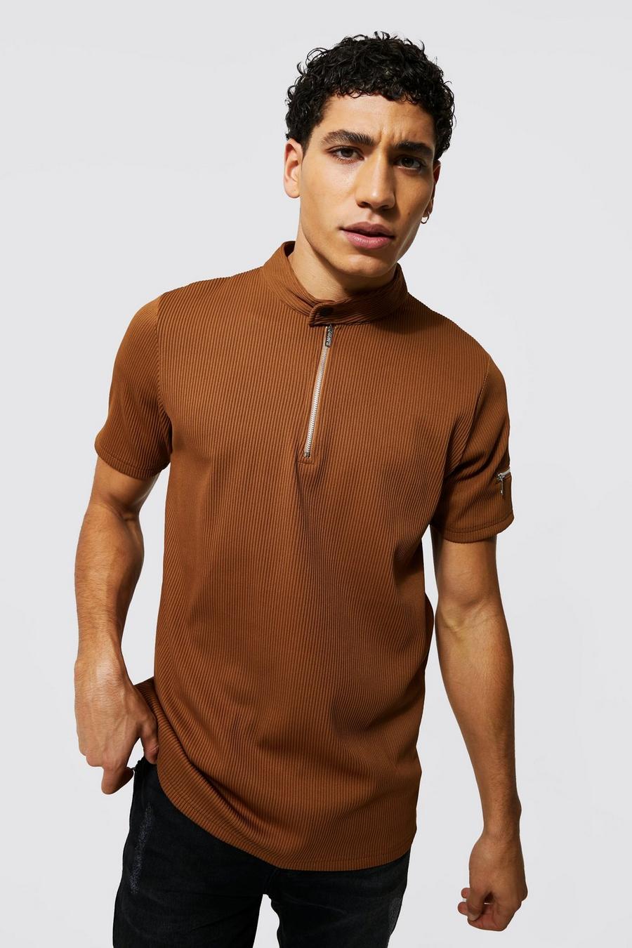 Brown Slim Fit Zip Detail Half Funnel Pleated Polo image number 1