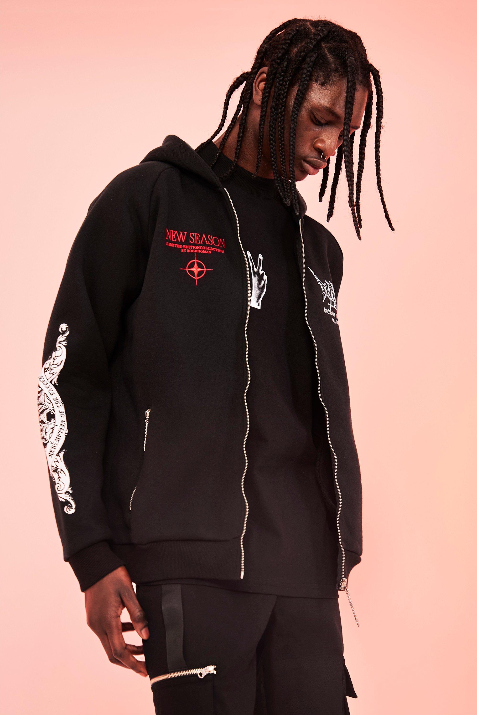 mens black graphic zip up hoodie