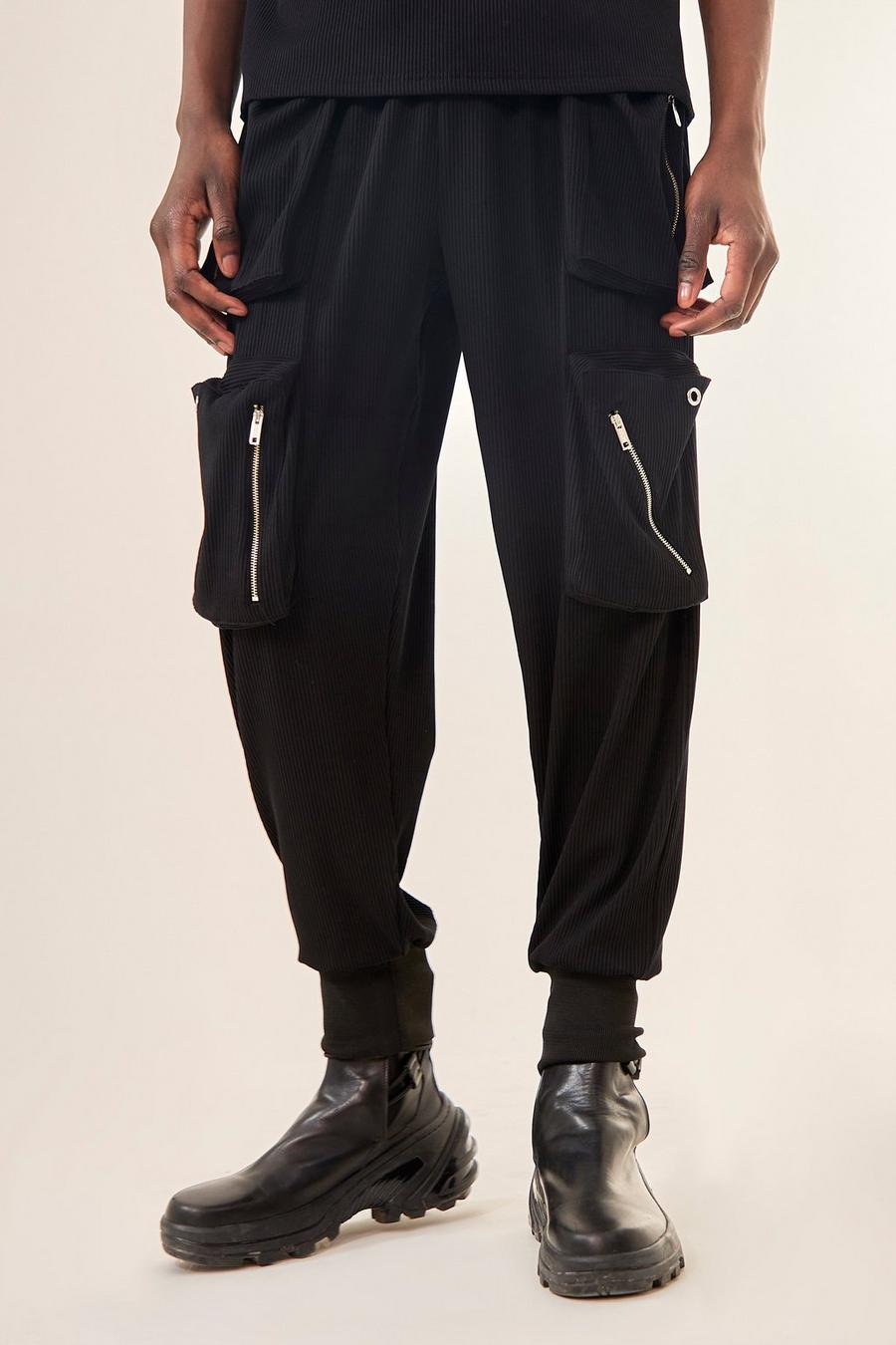 Black Pleated Utility Cargo Joggers image number 1