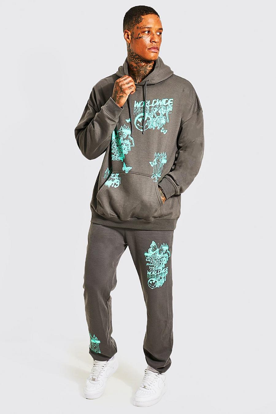Charcoal Oversized Graffiti Hooded Tracksuit image number 1