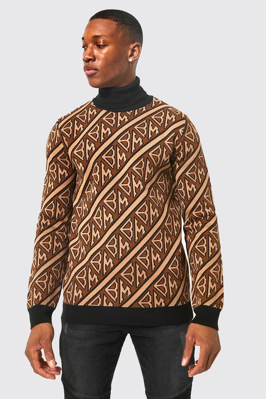 Maglione in maglia a righe diagonali con collo alto morbido, Brown marrone