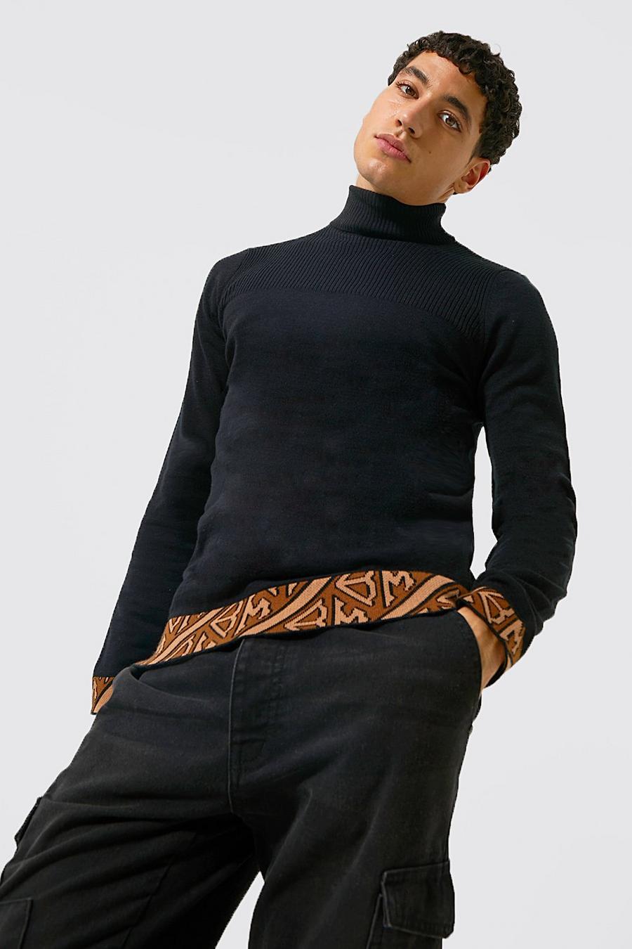 Black Contrast Stitch Roll Neck Muscle Fit Jumper image number 1