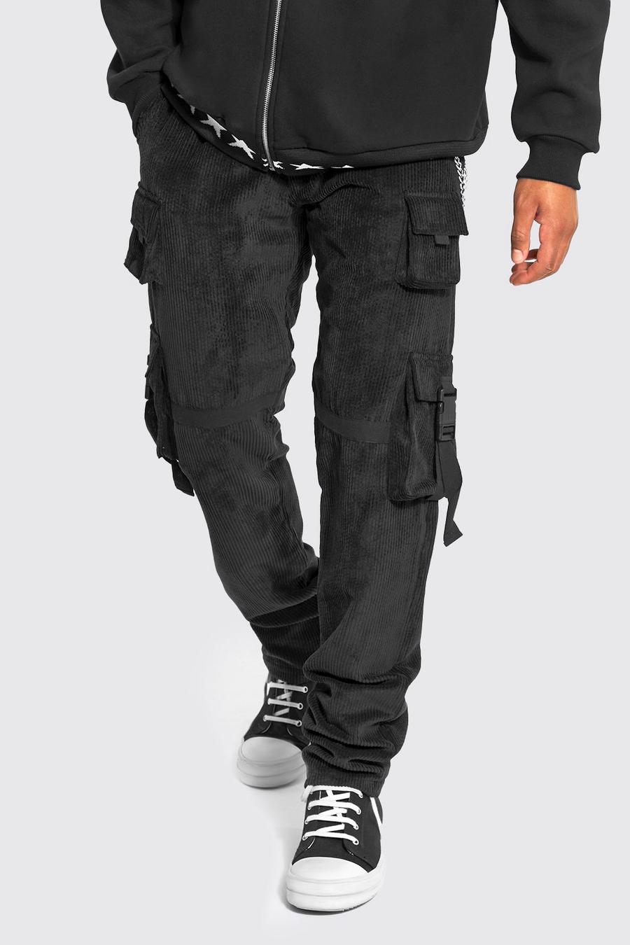 Black Tall Cord Utility Cargo Trousers With Chain