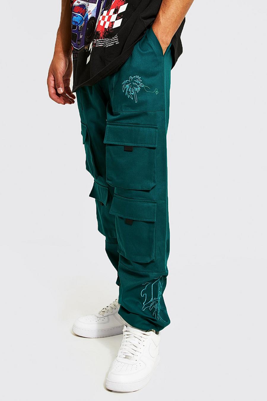 Pantaloni Cargo Tall in twill con ricami, Dark green image number 1