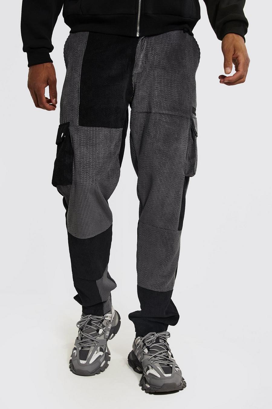 Black Tall Cord Patchwork Cargo Trousers image number 1