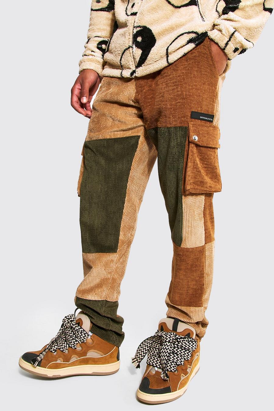 Khaki Tall Cord Patchwork Cargo Trousers image number 1