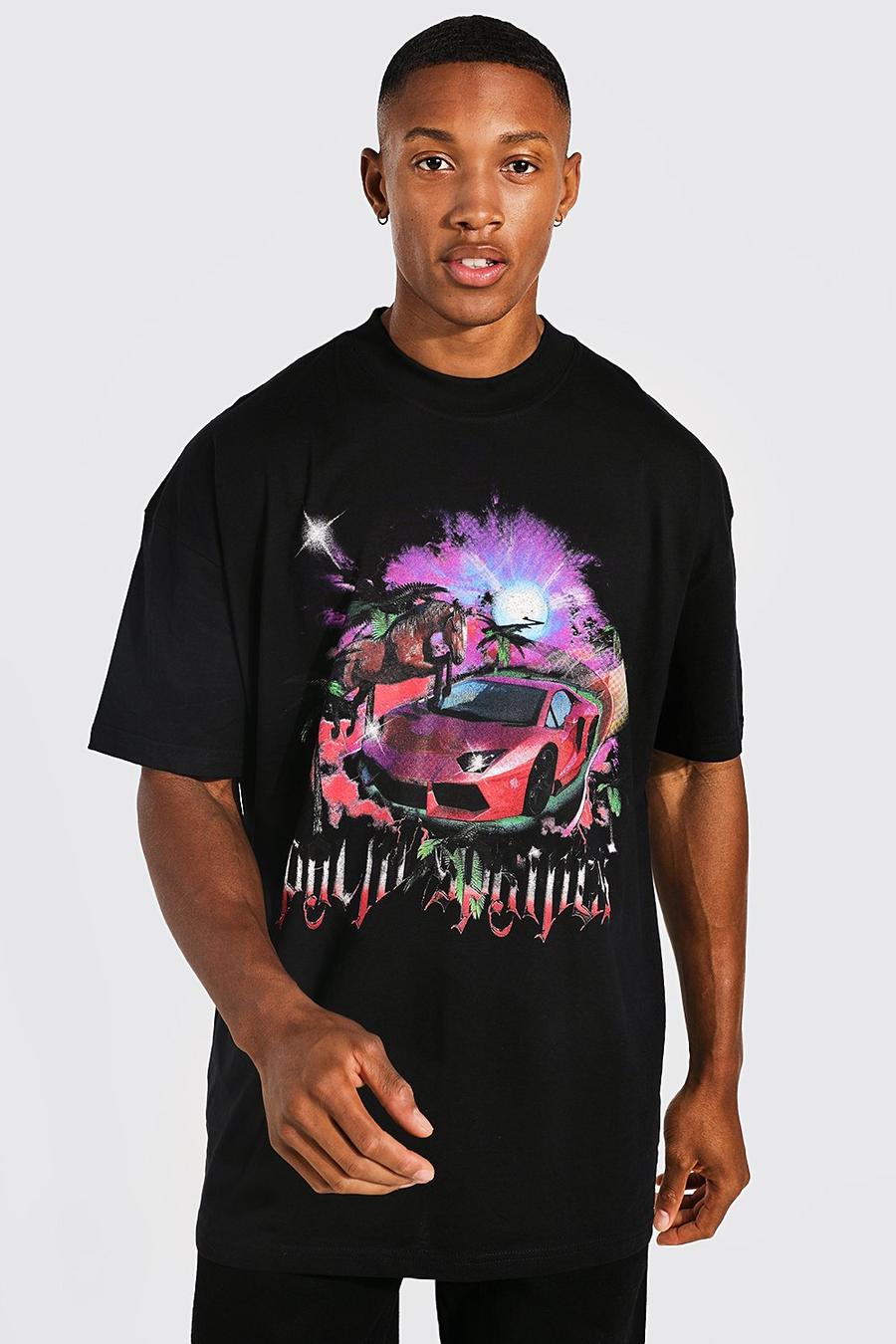 Black Oversized Extended Neck Car Graphic T-shirt image number 1