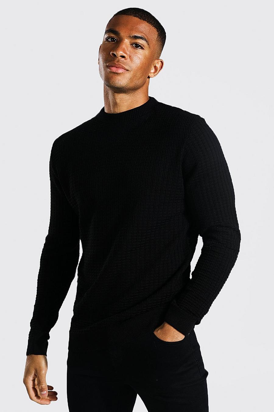 שחור סוודר עם תפר וופל וצווארון מוארך image number 1