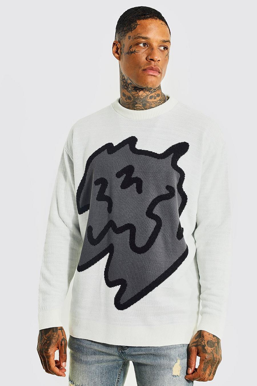 Cream Oversized Abstract Drip Face Knitted Jumper image number 1
