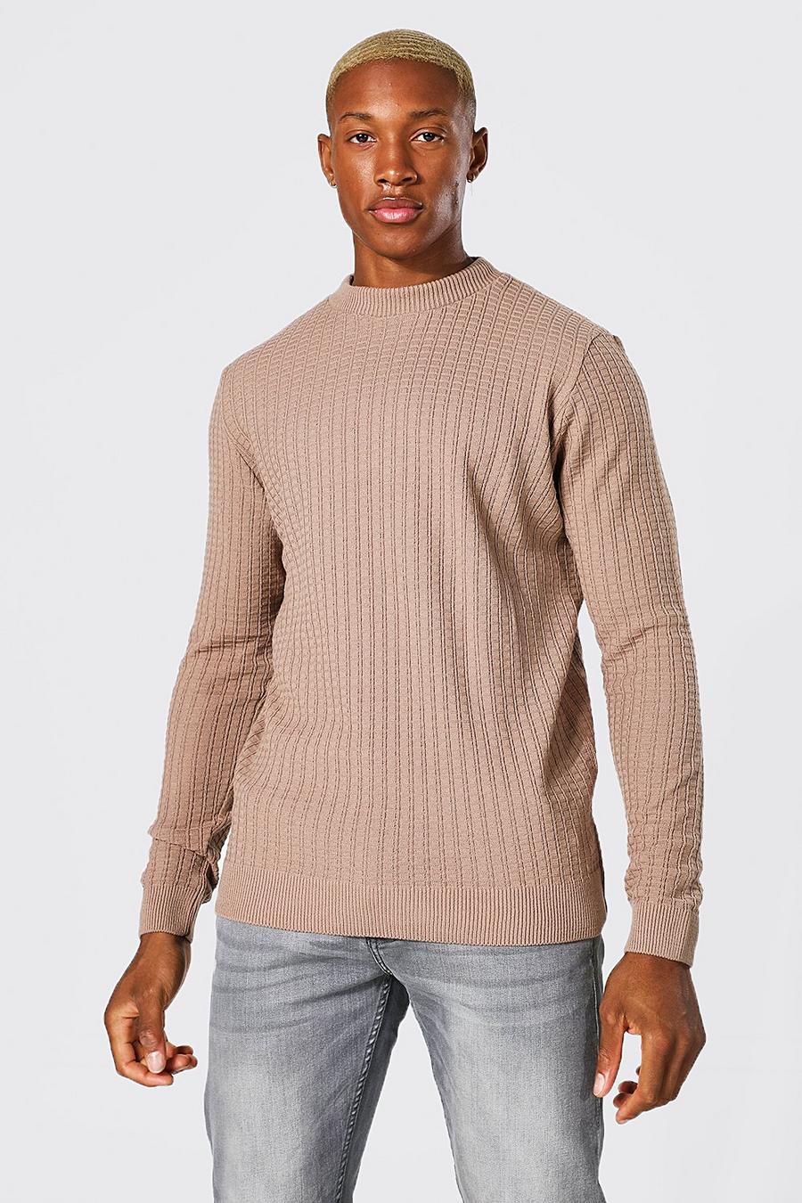 Taupe Extended Neck Waffle Stitch Jumper image number 1